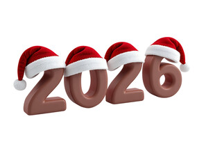 Chocolate 2026 numbers under a santa hat with transparent background. Merry Christmas, xmas, winter, new year, holiday celebration greeting card