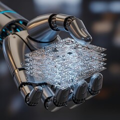 Robotic Arm Holding Luminous Circuitry Representing Artificial Intelligence