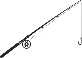 Simple black and white illustration of a fishing rod with line and hook on transparent background