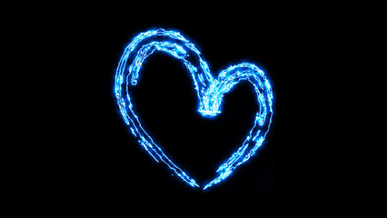 Vibrant electric blue heart icon glowing with dynamic energy, featuring abstract plasma light particles and a striking digital effect, isolated on black background.