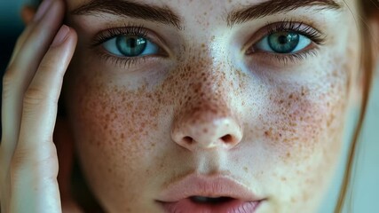 Radiant Essence: A close-up shot of a face reveals delicate freckles and captivating gaze. Embracing natural beauty and showcasing soft features
