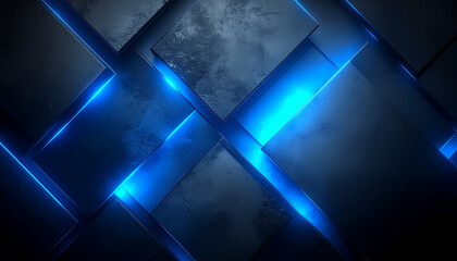 Abstract dark background with glowing blue lines and geometric shapes.