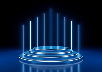 Futuristic neon blue stage with glowing lights and reflective surface for awards or product display