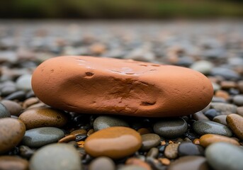 Solitary terracotta rock resting upon a riverbed of smooth pebbles