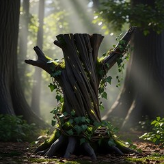 Sunlit stump in a mystical forest, vines and moss-covered bark texture