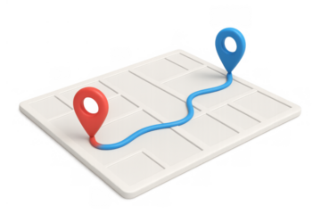 Map with two location markers and a blue route line, illustrating navigation, travel, and destination tracking