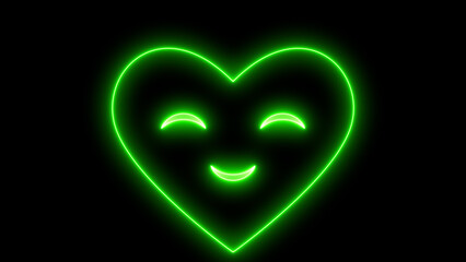 A vibrant green neon glowing heart shaped emoticon with a cheerful smiling face expressing love and happiness, digital modern graphic icon illustration isolated on black background