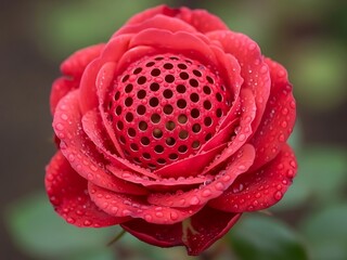 Unique red rose with perforated center and dew drops, a delicate beauty