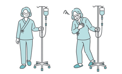 点滴スタンドを押して歩く高齢女性と、胸を押さえて苦しむ高齢女性（比較セット）