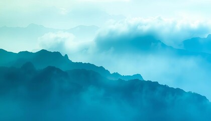 Fototapeta premium Ethereal washes of blues and greens evoke a misty mountain range, soft edges, dreamlike atmosphere, background, texture