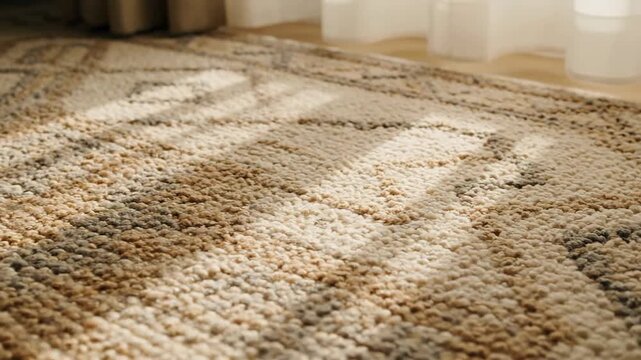 Cozy rug with textured patterns near light curtains and wooden floor, home interior design concept. Carpet detail close-up with warm tones and shadows.