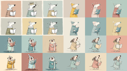 Charming polar bear and dog illustrations singing with books in soft pastel outfits. Ideal for nursery art, kids decor, winter themes, festive scenes, and whimsical seasonal character designs.