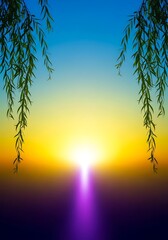 Vivid Dawn Spectacle Framed by Willow Branches in Colorful Sky
