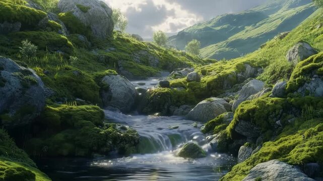 Serene Valley Landscape: A tranquil river meanders through a lush valley, embraced by rolling hills adorned with vibrant green moss, under a sunlit sky. 