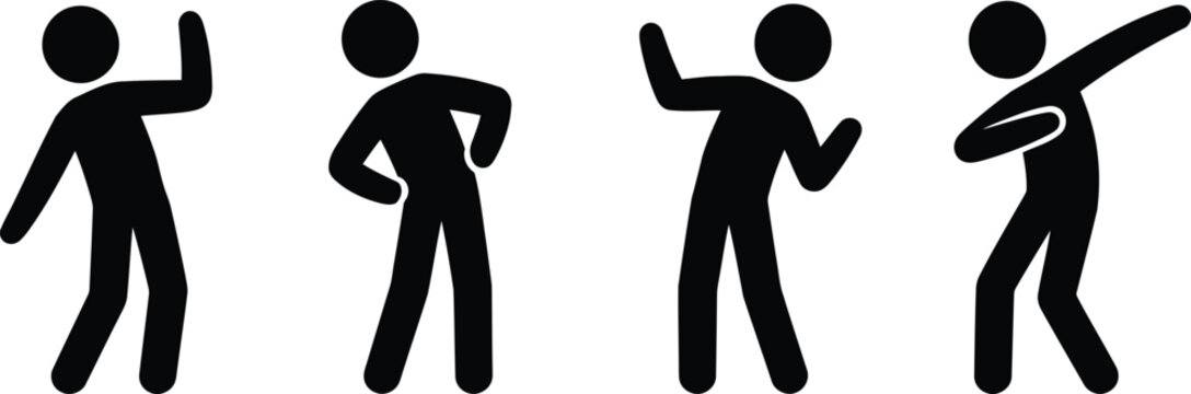 A sequence of four cheerful black stick figures joyfully dancing and celebrating various moments on white