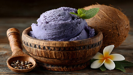 Creamy purple ice cream in a handcrafted wooden bowl, elegantly garnished with fresh mint, a coconut, and a vibrant tropical flower, perfect for a refreshing exotic dessert