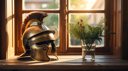 Ancient roman helmet displayed on window sill indoors
