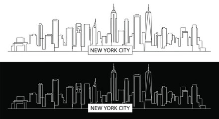 Fototapeta premium Line art illustrations of the New York City skyline in black and white on white and black backgrounds.