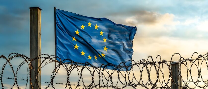 Barbed wire, EU flag, trade limits.