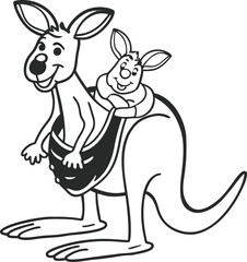 A cute cartoon illustration of a happy brown kangaroo and baby mammal with a funny smile, designed as a cheerful vector art character clipart for a comic drawing
