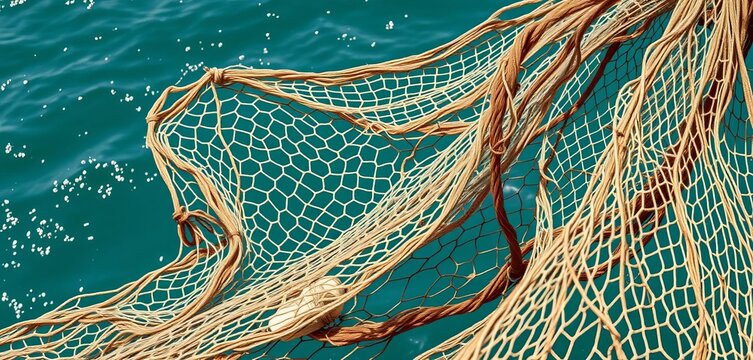 Intricate fishing net adrift at sea, weathered and worn, fishing gear, texture