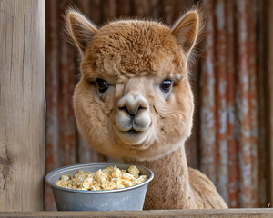 Obraz premium Alpaca's Feast A charming alpaca, with its fluffy fur and gentle eyes, enjoys a hearty meal from a small bowl. The scene is framed by a rustic wooden structure.