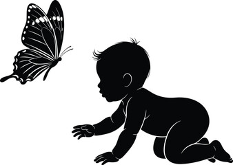 Cute baby silhouette crawling, reaching out to a beautiful butterfly, symbolizing childhood innocence, discovery, and nature's wonder, black vector illustration on white background.
