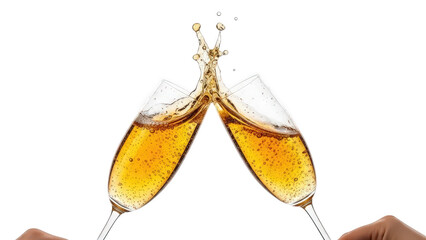 A dynamic toast with two champagne glasses clinking together creating a golden splash isolated on transparent background