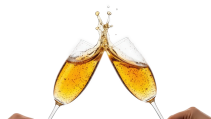 A dynamic toast with two champagne glasses clinking together creating a golden splash isolated on transparent background