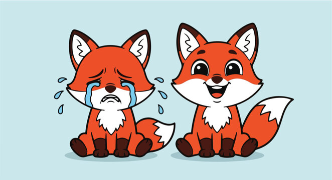 Two cartoon foxes sitting on a light blue background, one crying and the other smiling with tears on its face.