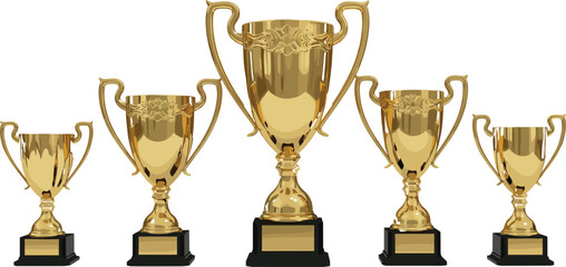 Elegant Collection of Five Detailed Gold Trophy Cups Vector Illustration, Luxurious Prize Set of Success, Achievement, Championship, and First Place Award Objects on Pedestals.
