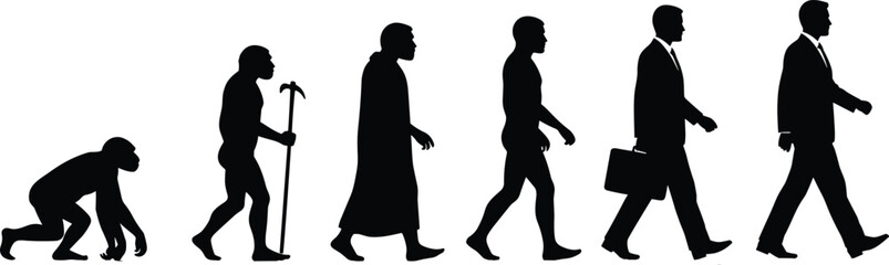 Evolution of Man to Modern Businessman Vector Illustration, Progress from Primitive Ape to Walking Executive in Suit, Business Development, and Success Concept.