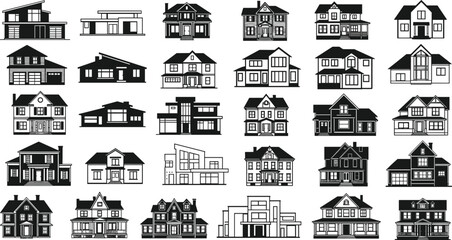 Extensive Vector Icon Set of Diverse Residential Houses, Featuring Modern, Traditional, Contemporary, and Suburban Home Styles for Architecture, Real Estate, and Building Project Design Elements.