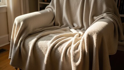 Cozy beige textured throw blanket draped invitingly over a comfortable armchair bathed in warm natural sunlight indoors