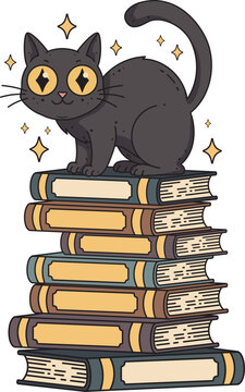 Cute cartoon black cat with sparkling yellow eyes perches atop a tall stack of colorful books, surrounded by twinkling stars. Perfect for education, reading, or magical themed designs.