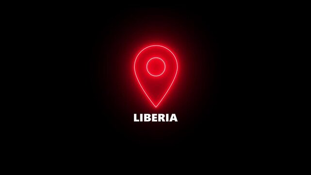 Glowing Red Neon Location Pin Icon with Liberia Text on Black Background marker navigation
