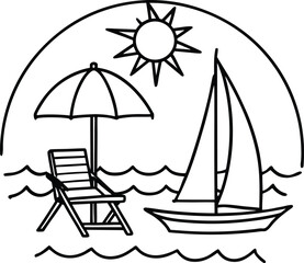 Vector icon of a pirate ship silhouette and sailing boat on the ocean with waves under the sun for summer travel and vacation design