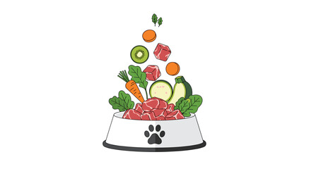 A bowl of fresh, natural raw dog food with healthy ingredients like meat, vegetables, and fruits falling into the bowl.