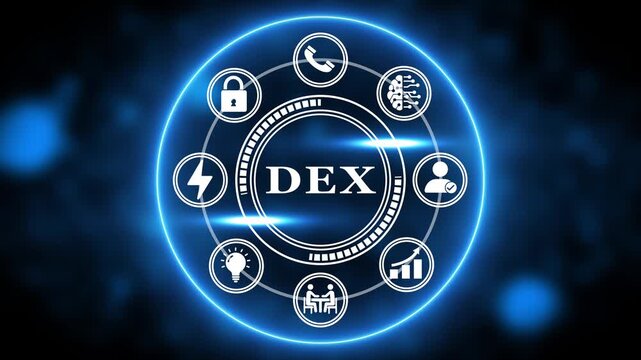 DEX Decentralized Exchange Concept with Icons and Blue Neon Circle technology digital
