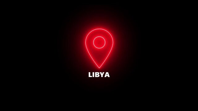 Red Neon Location Pin Icon with Text LIBYA on Black Background libya marker