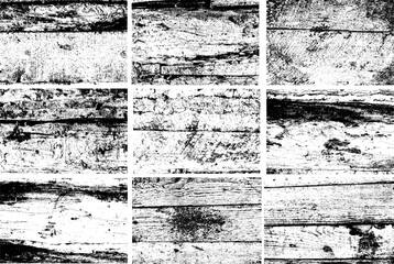 High contrast black and white texture of cracked, weathered wood surface with peeling layers and rough grain, ideal for backgrounds, overlays, and grunge design elements.