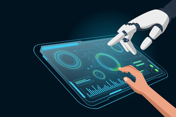 Abstract human hand and a robotic hand collaborate on a glowing, futuristic touchscreen displaying data charts and graphs. Symbolizes  digital transformation, and advanced technology.
