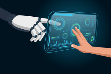 Abstract human hand and a robotic hand collaborate on a glowing, futuristic touchscreen displaying data charts and graphs. Symbolizes  digital transformation, and advanced technology.