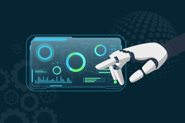 Abstract robotic hand interacts with a glowing, high tech digital interface displaying graphs and gauges, set against a dark background with gear motifs. Ideal for automation, and tech concepts.