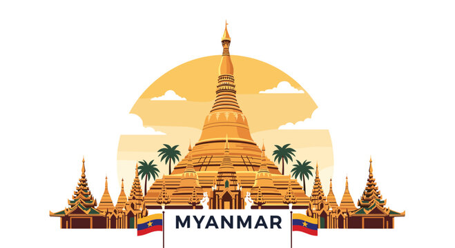 A beautiful illustration of the iconic Shwedagon Pagoda, a famous landmark in Yangon, Myanmar, shown at sunset.