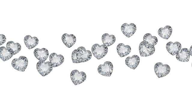 Sparkling heart-shaped diamonds scattered across a clean white background, symbolizing love and luxury.