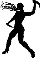 Black silhouette of a woman captured mid motion in a powerful, dynamic pose, suggesting dance, martial arts, or athletic movement. Ideal for fitness, performance, and energy themed designs.