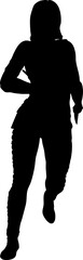 Black silhouette of a woman holding a knife in her hand, capturing energy and movement. Mysterious, strong, and bold female figure, perfect for themes of danger, crime, or action concepts.