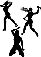 Black silhouette of a woman captured mid motion in a powerful, dynamic pose, suggesting dance, martial arts, or athletic movement. Ideal for fitness, performance, and energy themed designs.