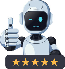 Cheerful cartoon robot gives a thumbs up while displaying a five star rating. Perfect for hi tech designs on customer satisfaction, or positive feedback and approval themes.